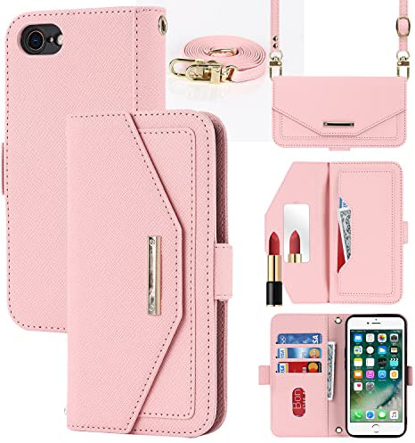 Cavor Case compatible with iPhone 7 Plus/8 Plus Phone Case With Strap,Crossbody Flip Leather Wallet Case,[5 Card Holder][Mirror][Magnetic],Lanyard Case Cover for women - Pink