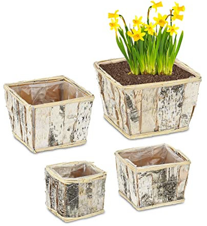 Relaxdays Blumentopf, 4 versch. Größen, eckig, Birke, Pflanzentöpfe mit Folie, Pflanzkörbe für innen & außen, weiß/Natur