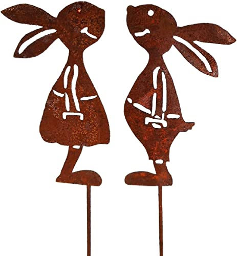 Generisch 2er Set Beetstecker Hase & Häsin incl. Stab je 35 x 6 cm, je Hase 11 x 6 cm Metall Rost Blumentopf Garten Stecker Figur Deko GTT H30