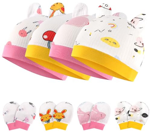 Aolso Neugeborenes Baby Mütze,8 Stück Baby Hut und Handschuhe Set, Baumwolle Baby Mütze, Baby Mütze Jungen Mädchen,Warme Babymütze für Neugeborenes-Rosa + Gelb