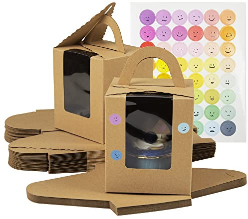 KEYIDO 30 Pcs Individual Cupcake Boxes Brown Kraft Single Cupcake Boxes 1 Hole Cake Box with Clear Window Inserts and 2 Sheets of Stickers for Wedding Birthday Party Favors