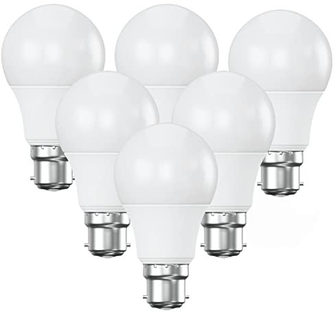 B22 Bayonet Cap Fitting LED Light Bulb 7W 60 Watt Equivalent, Energy Saving, Standard Light Bulbs, Warm White 3000K, Long-Lasting, Bright Led Bulbs, 560 Lumen, Non-Dimmable, Pack of 6