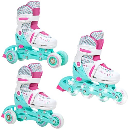 RAVEN 3in1 Inline Skates Triskates Rollschuhe Inliner für Kinder Mädchen verstellbar (Loret Mint/Pink, 27-30 (16,5cm-18,5cm))