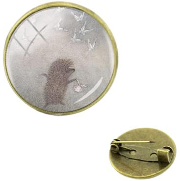 Broche en forme de hérisson dans le brouillard pour femme faite à la main - Broche ronde en verre - Bijoux en métal de style animal, Small, Bronze, verre, Perle
