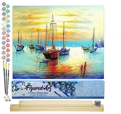 Figured'Art Peinture par Numéro Adulte Voiliers au port - Activité Manuelle Kit de Loisir Créatif DIY Numéro d'Art Complet - 40x50cm avec châssis en bois à monter