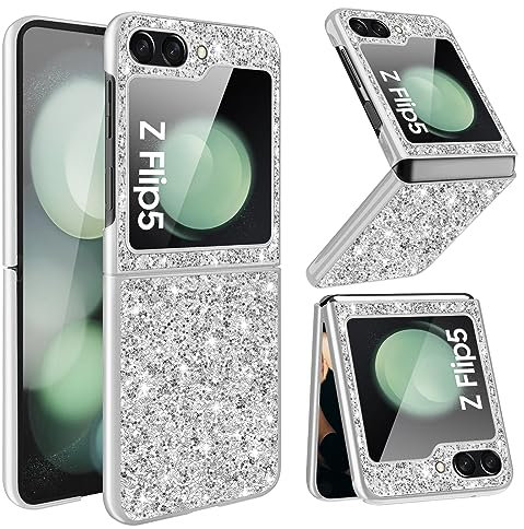 Z Flip 5 Hülle Handyhülle für Samsung Galaxy Z Flip 5 Hülle Glitzer Bling Sparkle Stoßfest Anti-Kratzer 360 Grad Schutzhülle für Samsung Z Flip 5 Hülle Ultra Dünn Galaxy Z Flip 5 5G Case (Silber)