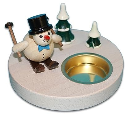 Holzwaren Egermann Leuchter aus Holz - Teelichthalter mit süßem Schneemanndesign - Motiv: Ski & Zylinder - Durchmesser: ca. 11 cm - Made in Germany