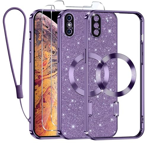 Kokio Handykette für iPhone XS Max Hülle mit Band, [Kompatibel mit MagSafe] Glitzer Magnetisch Handyhülle für iPhone XS Max mit 2 Stück Schutzfolie Stoßfeste Silikon TPU Schutzhülle, Lila
