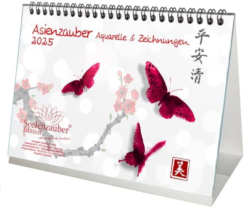Asiatische Aquarelle DIN A5 Tischkalender für 2025 Japan Stadt und Land - Seelenzauber
