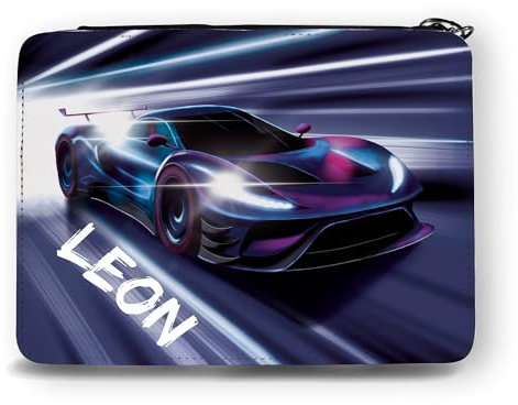 Wandtattoo Loft Gefüllte Federmäppchen Jungen mit lila Rennauto Motiv, personalisierbar mit Wunschnamen, Federmappe Grundschule, Schulmäppchen Jungen, Federtasche Jungen, Federmappe Jungen, Federetui