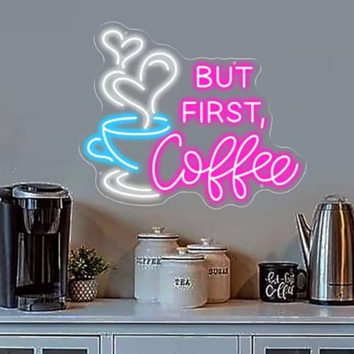 But First Coffee Letrero de Neón Grande de 5 V Alimentado por USB, Luces de Neón Acrílicas con interruptor Regulable y Cadena Colgante para Café Cafetería Bar Fiesta sala de estar Regalo,35.5x28.7CM