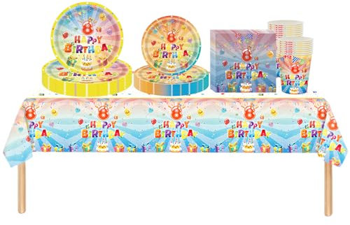69pcs Kids Party Tableware Set for 8th Birthday Decorations, Kids Party Tablecloth, Paper Plates, Napkins, Serviettes, Cups for Girls & Boys
