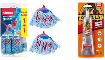 Vileda SuperMocio 3Action XL Mop Refill, Pack of 2 SuperMocio 3 Action Mop Head Replacements, Fits all SuperMocio Mops, Authentic Vileda Mop Head & Gorilla Contact Adhesive Clear 75g