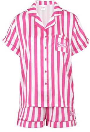Barbie Pigiama da donna in raso rosa a righe pigiama da donna, prodotto ufficiale, Rosa e bianco., 20-22