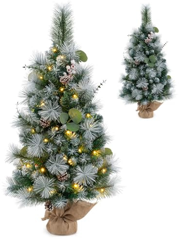 RELAX4LIFE Albero di Natale Innevato 90CM, Albero da Tavolo con 30 Luci LED Bianche Calde e 98 Foglie in PVC e Pino, Bacche e Pigne, 8 Modalità, Timer, Decorazione Natalizia per Casa e Negozio