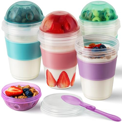 Freshmage® Vasos de parfait de yogur con tapas, paquete de 4 recipientes de avena reutilizables de 20 onzas con tapas, compartimento superior y cuchara para llevar para la preparación de comidas del