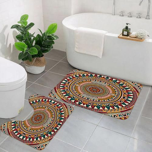 EYLOZS Badezimmerteppich Set 2 Teilig Waschbar rutschfeste Badematte Toilettenmatte Weich Saugfähige Badteppiche,Mandala-Musterdesign oder Mandala-Kunstdesign