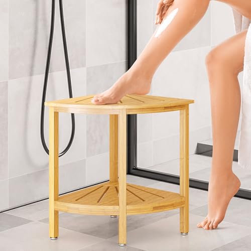 Greatness Now Tabouret de douche d'angle en bambou pour se raser les pieds – Banc de douche en bambou imperméable – Assemblage facile, robuste, organisation efficace, double couche avancée