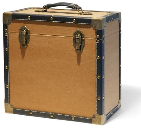 Steepletone 12 Vinyl Record Storage Box Case, with Carry Handle, Luxury Fabric and Leather Finish, Holds up to 45 LP's (Tan Cloth & Black Leather)