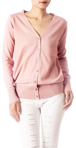 iB-iP Femme Cardigan Léger Boutonné Col V Sweater, Taille: L, Rose pâle