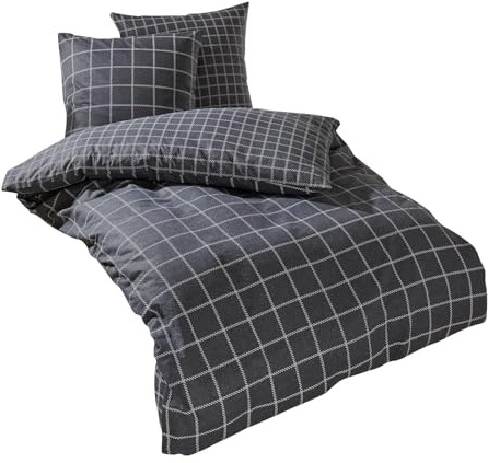 Traumschlaf Feinflanell Bettwäsche Oslo Graphit – Winterbettwäsche aus 100% Baumwolle – weich, flauschig & temperaturausgleichend – modernes Karodesign – mit Reißverschluss – 200x200 cm + 2X 80x80 cm