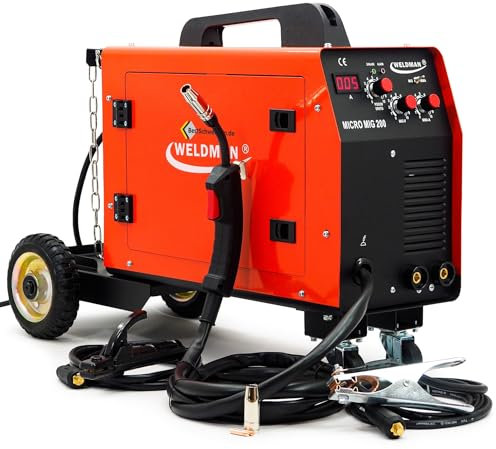 WELDMAN Fülldraht Schweißgerät ohne Gas - MIG MAG Schweissgerät 200A 6-8mm - IGBT Inverter Schweissmaschine mit Schutzgas - FCAW MMA 230V mit Fahrwerk - Bestschweissen
