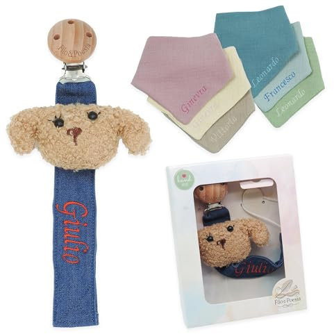 Filo e Poesia Catenella Portaciuccio Con Nome, Personalizzato con nome ricamato, tanti modelli e colori Portaciuccio da poter scegliere, ottima idea regalo per Baby Shower (Cagnolino + Bavaglino)