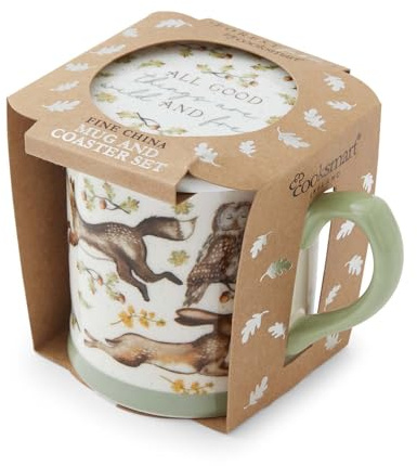 Cooksmart Forest Fable Tankard Mug & Coaster Set, New Bone China | British designed, woodland-inspired artwork, farmhouse drinkware, dishwasher safe, wipe-clean coaster, gift ready