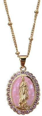DYFUHO Collier Médaille Vierge Marie Cadena Virgen De Mary Salut Collier Coquillage Perle Rose,Collier Médaillon Miraculeux en Zircone Cubique