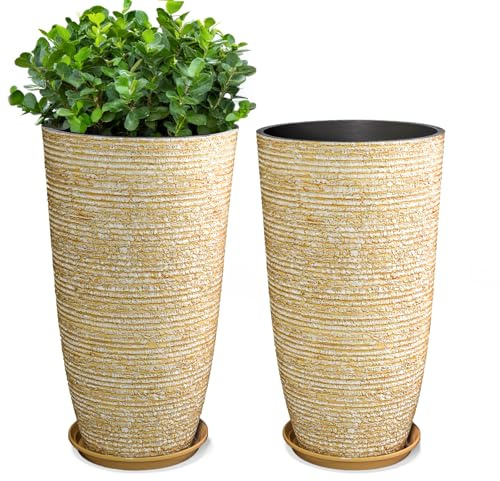 QCQHDU 9-Gallon Tall Large Planters for Outdoor/Indoor Plants, 12 Dia x 21 H Round Flower Pots with Faux Stone Finish, Front Door Patio Square Porch Planters, Beige
