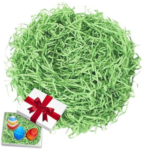 200g Hierba de Pascua, Relleno Cajas Regalo, Material de Relleno de Regalo, Papel Triturado Rellenos, para Regalos para Cesta, Nidos de Pascua, Decoración de Pascuas, Boda, Aniversario (Verde)
