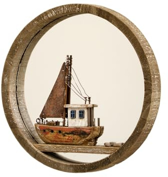 Darthome Rustic Boat Wall Mirror 24x24x3cm Round Wood Nautical Coastal Bathroom Decoration