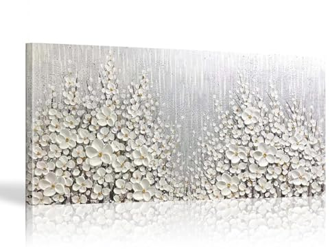 18meng Art Abstrakt Silber und Weiß Leinwand Bilder Kunstdrucke Minimalistisch Botanische Blumen Bilder auf Leinwand für Modern Wohnzimmer Schlafzimmer Wanddeko Poster 140x70 cm No Framed