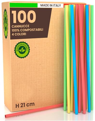 100 Cannucce Riutilizzabili Colorate per Cocktail Rigide 21cmx6,8mm