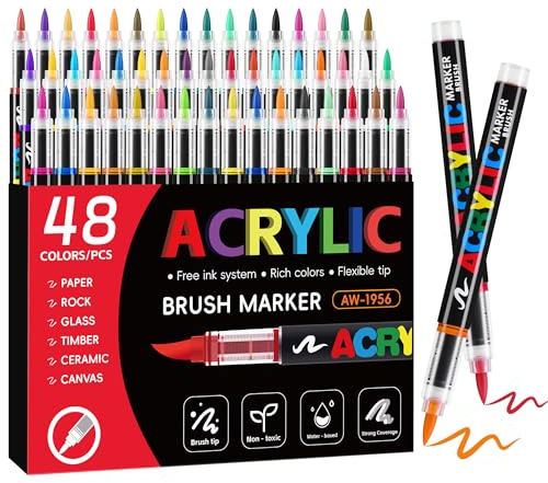 Tongfushop 48 Colores Rotuladores Acrilicos, Marcadores Acrilicos Punta Pincel, Rotuladores de Pintura Acrílica para Adultos, Acrylic Markers para Pintar, Roca, Cristal, Cerámica, Plastico, Tela Metal