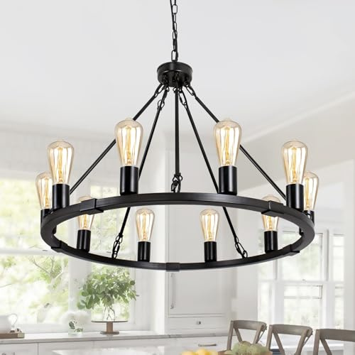 JHLBYL Kronleuchter Vintage Wagenrad Pendelleuchte Schwarz 10 Flammig Rustikal Wagon Wheel Hängeleuchte Esstisch mit E27-Fassung Deckenlampe Hängend für Wohnzimmer Schlafzimmer