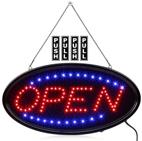 Kanayu Lot de 3 panneaux néon LED fermés ouverts et autocollants Push Pull 48,3 x 25,4 cm Ouvert Fermé Publicité électronique 12,7 x 5,1 cm Vinyle Push Pull Vertical Autocollant pour Bar Boutique
