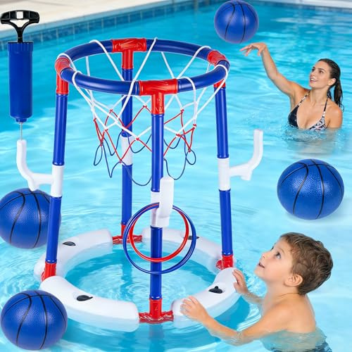 YQXTOOEL Swimming Floating Pool Basketball Hoop, 2-in-1 Basketball & Ring Toss Game with 4 Balls, 6 Rings&Pump, Summer Pool Toys Outdoor Water Fun Family Party for Age 3-12