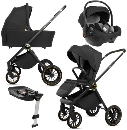BabyLux® Kinderwagen 4in1 Set ROSSO, Faltbar Leicht Kombikinderwagen Set incl. Babywanne, Reisebuggy, Kindersitz i-Size, Auto Basisstation, 4 Liegepositionen, 0-22kg, UV Schutz 50+, Vollgummireifen