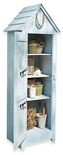 Loberon Gartenschrank Thomas, praktischer Stauraum für den Garten, Vier Fächer & Haken, Antik-Finish, Gartenmöbel, Outdoor, Aufbewahrung, Tannenholz, Jute, Zink, blau