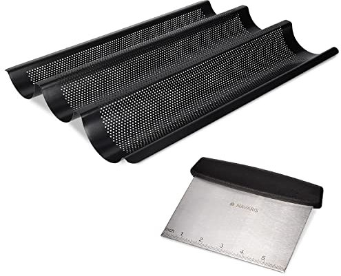 Navaris Plaque de Cuisson Baguette - Moule à Pain antiadhésif avec Planche en Acier au Carbone et Coupe-pâte pour 3X Baguette au Four Max. 220°C