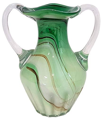 Oberstdorfer Glashütte Anfora di Vetro colorato Vaso in Cristallo soffiato a Bocca Stile Antico con Due Manici Colore Verde Altezza 26 cm