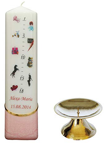 generisch Lebenslicht/Geburtskerze/Geburtstagskerze - rosa - ca. 60 x 240 mm - farbig getaucht - personalisiert mit indiv. Name und Datum - inkl. Kerzenständer aus Messing - Auswahl Farbe + Motiv #2