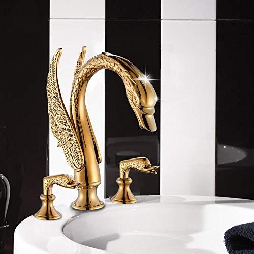 Linyuan Robinet de bassin de cygne doré de luxe double poignées mitigeur d'eau chaude et froide robinet de lavabo de lavabo de salle de bain