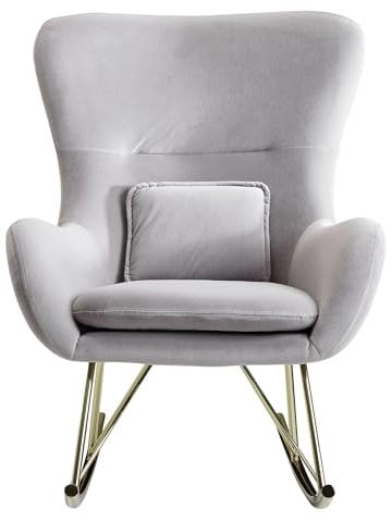 Wohnling Schaukelstuhl Samt/Metall Hellgrau 74x101x89 cm mit goldenen Beinen, Polster Schwingstuhl Modern, Stillsessel Relaxstuhl Schwingsessel 120 kg