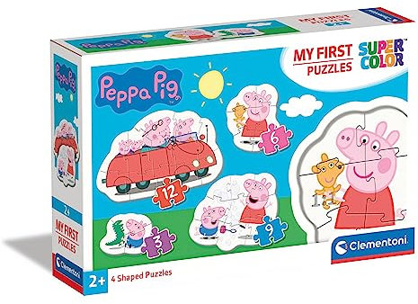 Clementoni 20829 Supercolor Peppa Pig – Puzzle 3 + 6 + 9 + 12 Teile ab 2 Jahren, buntes Kinderpuzzle mit besonderer Leuchtkraft & Farbintensität, Geschicklichkeitsspiel für Kinder