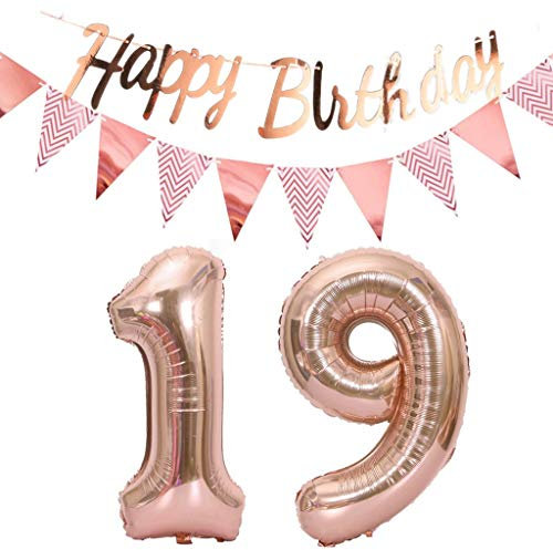 Luftballons 19.geburtstag deko rosegold+Happy Birthday Girlande +Wimpelkette 40Zahlen Ballon 19 Luftballons 19 Jahre Geburtstag Dekoration Mädchen Geburtstagdeko19 Geburtstag deko rosegold set(19)