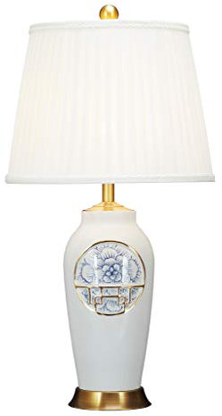 Fine Asianliving Chinesische Tischlampe Modern Lotus D42xH81cm mit Lampenschirm E27 China Orientalische Tischleuchte Keramik Nachttischlampen Asia