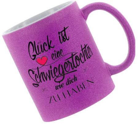 Crealuxe Glitzertasse (Purple) 'Glück ist eine Schwiegertochter wie dich zu haben' bedruckt, Kaffeetasse, Bürotasse