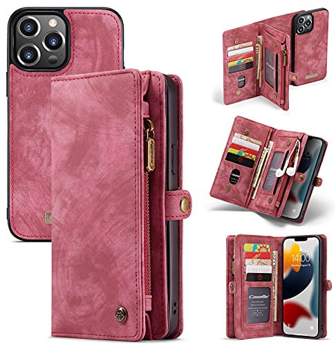 caseme Leather Flip Wallet Case for iPhone 13 Pro Max,Detachable Back Magnetic Closure 2-in-1 Shockproof Zipper Purse Cover with Card Slots (13 Pro Max, Red)
